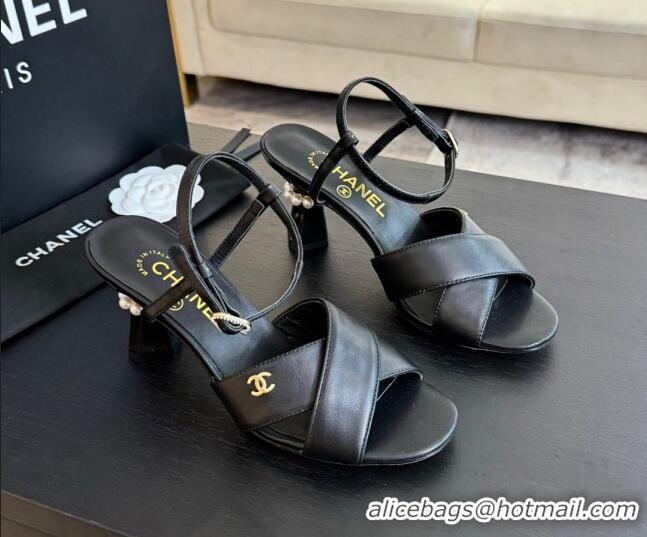 Best Grade Chanel Lambskin Heel Sandals 6.5cm with Pearls Black 601082