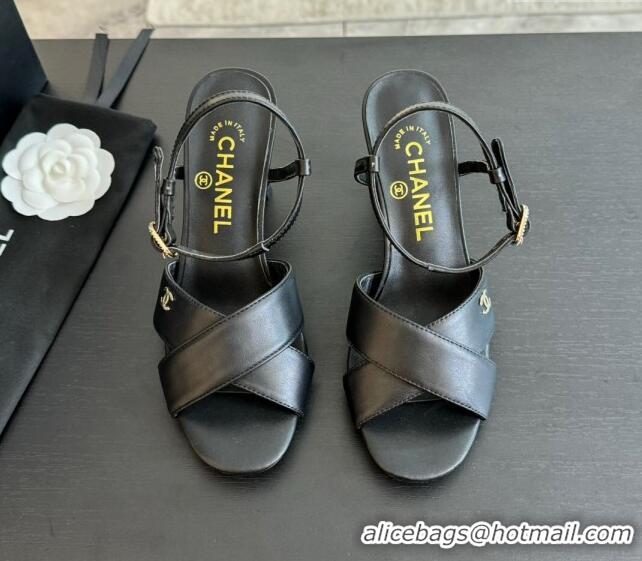 Best Grade Chanel Lambskin Heel Sandals 6.5cm with Pearls Black 601082