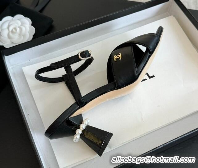 Best Grade Chanel Lambskin Heel Sandals 6.5cm with Pearls Black 601082