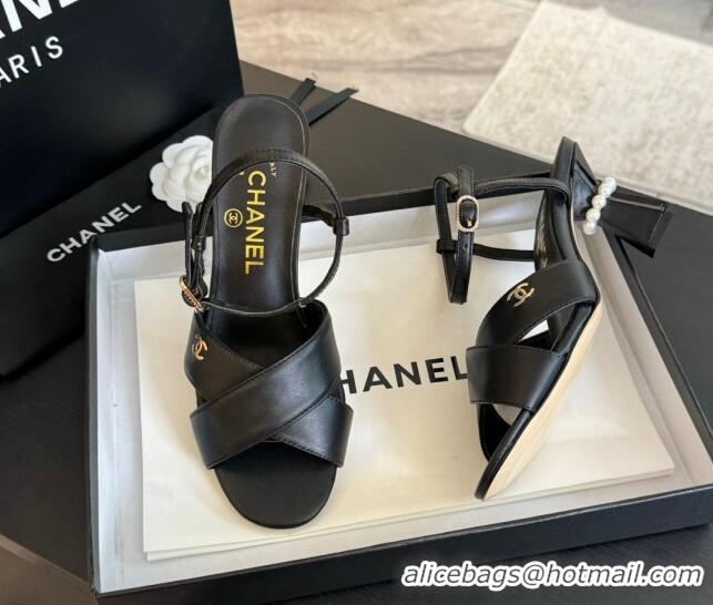 Best Grade Chanel Lambskin Heel Sandals 6.5cm with Pearls Black 601082