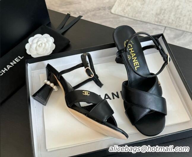 Best Grade Chanel Lambskin Heel Sandals 6.5cm with Pearls Black 601082