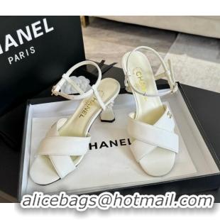 Pretty Style Chanel Lambskin Heel Sandals 6.5cm with Pearls White 601083