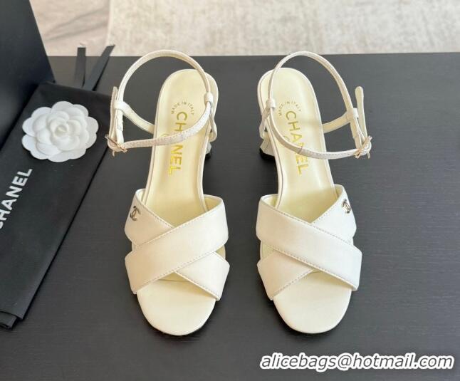 Pretty Style Chanel Lambskin Heel Sandals 6.5cm with Pearls White 601083