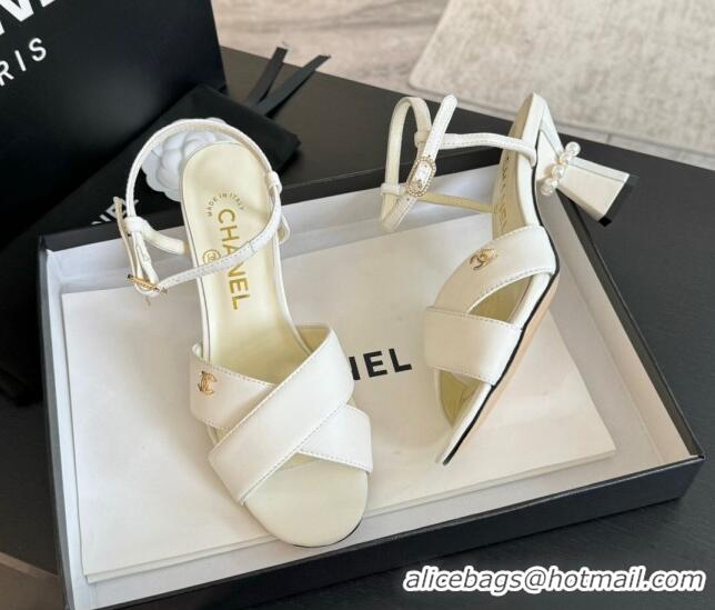 Pretty Style Chanel Lambskin Heel Sandals 6.5cm with Pearls White 601083