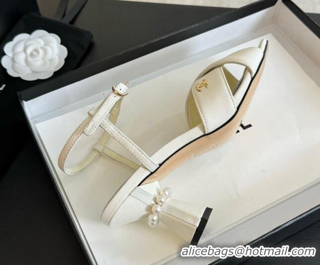 Pretty Style Chanel Lambskin Heel Sandals 6.5cm with Pearls White 601083