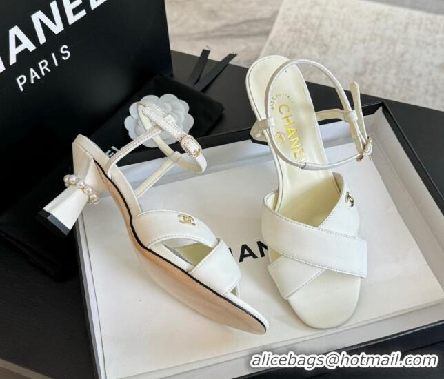 Pretty Style Chanel Lambskin Heel Sandals 6.5cm with Pearls White 601083