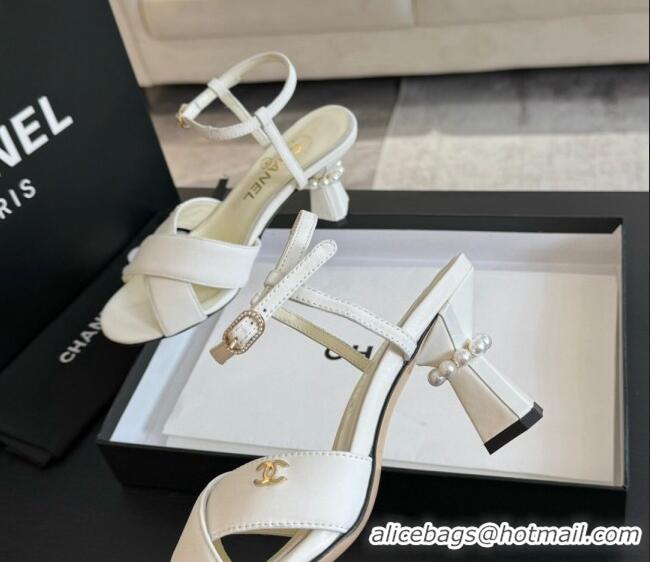 Pretty Style Chanel Lambskin Heel Sandals 6.5cm with Pearls White 601083