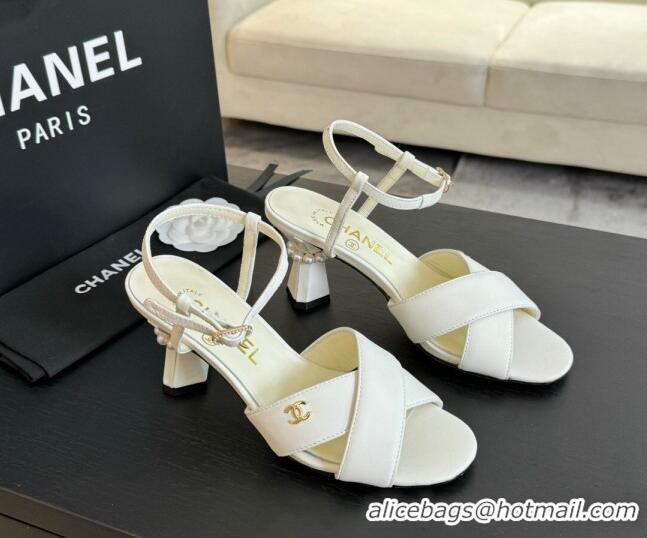 Pretty Style Chanel Lambskin Heel Sandals 6.5cm with Pearls White 601083