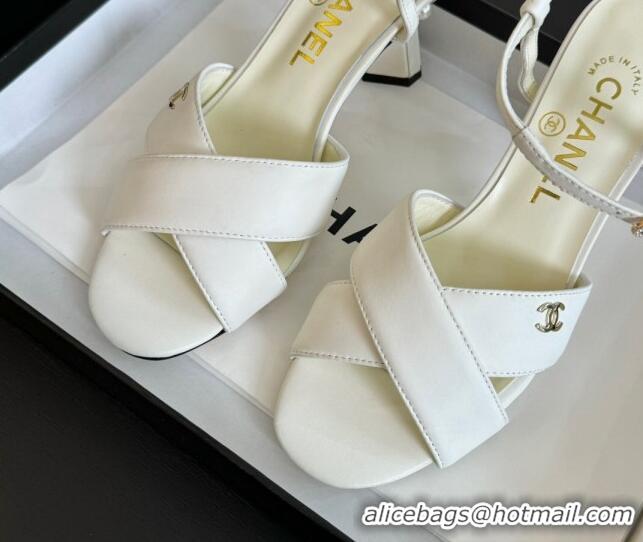 Pretty Style Chanel Lambskin Heel Sandals 6.5cm with Pearls White 601083