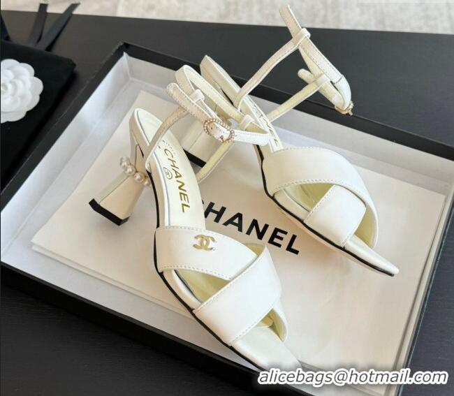 Pretty Style Chanel Lambskin Heel Sandals 6.5cm with Pearls White 601083