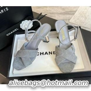 Grade Quality Chanel Suede Heel Sandals 6.5cm with Pearls Grey 601084