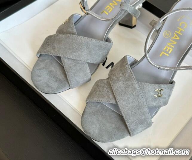 Grade Quality Chanel Suede Heel Sandals 6.5cm with Pearls Grey 601084