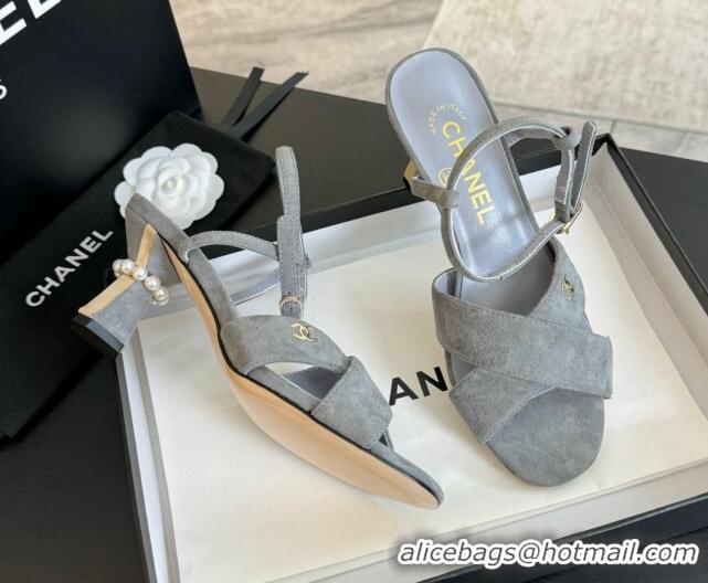 Grade Quality Chanel Suede Heel Sandals 6.5cm with Pearls Grey 601084