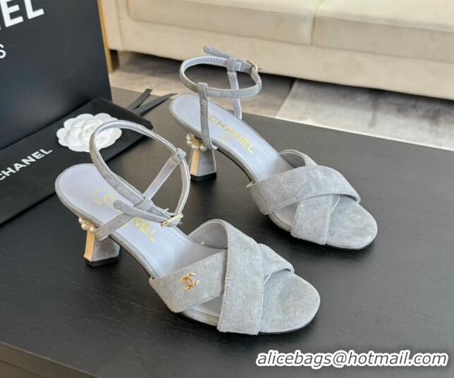 Grade Quality Chanel Suede Heel Sandals 6.5cm with Pearls Grey 601084