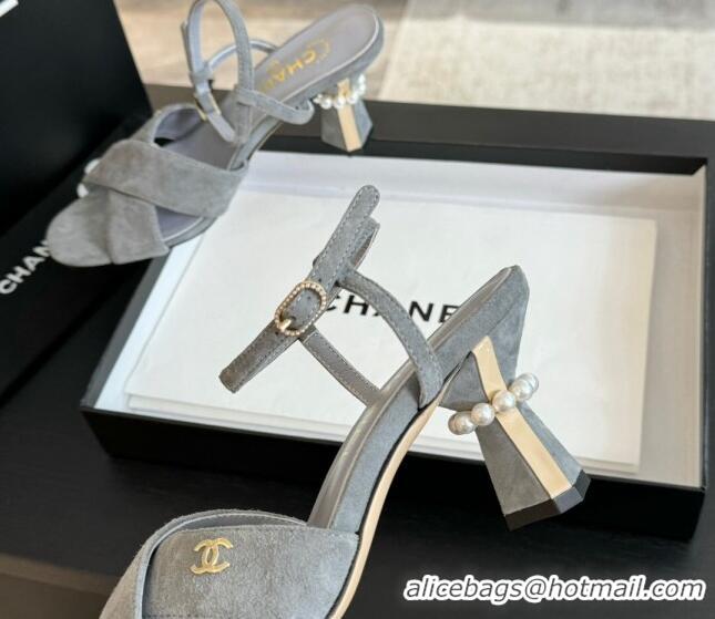 Grade Quality Chanel Suede Heel Sandals 6.5cm with Pearls Grey 601084