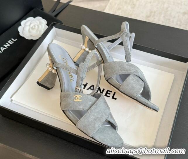 Grade Quality Chanel Suede Heel Sandals 6.5cm with Pearls Grey 601084