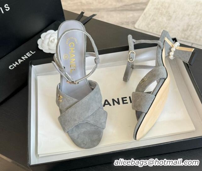 Grade Quality Chanel Suede Heel Sandals 6.5cm with Pearls Grey 601084