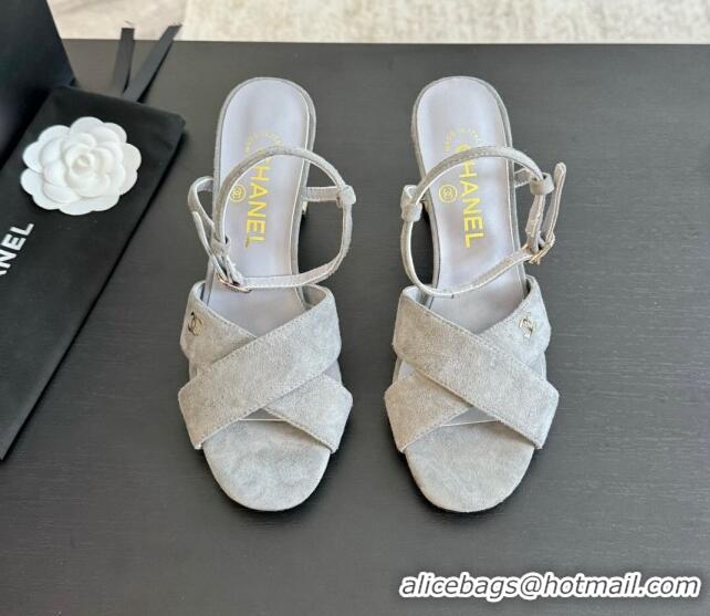 Grade Quality Chanel Suede Heel Sandals 6.5cm with Pearls Grey 601084