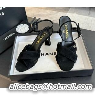 Luxurious Chanel Suede Heel Sandals 6.5cm with Pearls Black 601085