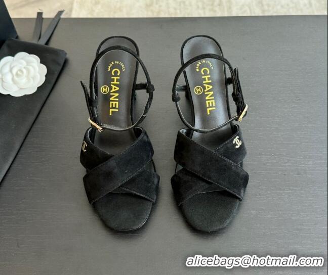 Luxurious Chanel Suede Heel Sandals 6.5cm with Pearls Black 601085