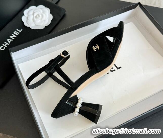 Luxurious Chanel Suede Heel Sandals 6.5cm with Pearls Black 601085