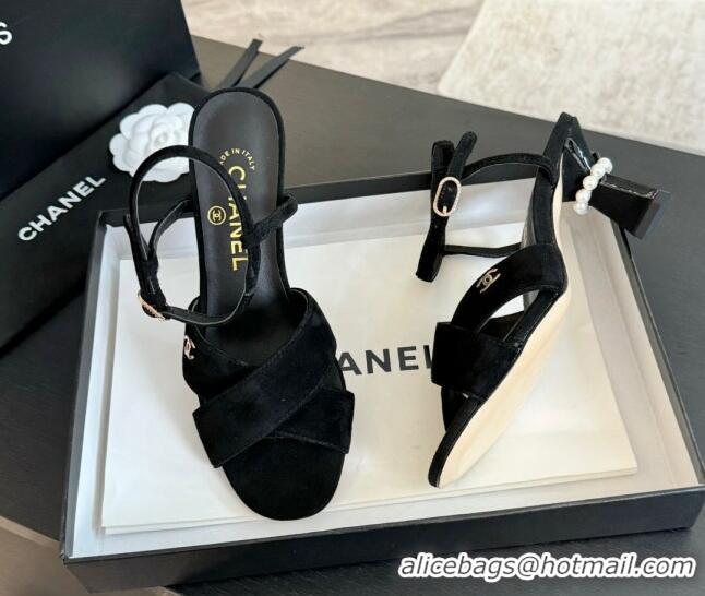 Luxurious Chanel Suede Heel Sandals 6.5cm with Pearls Black 601085