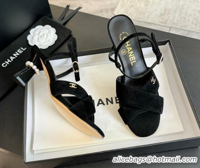 Luxurious Chanel Suede Heel Sandals 6.5cm with Pearls Black 601085