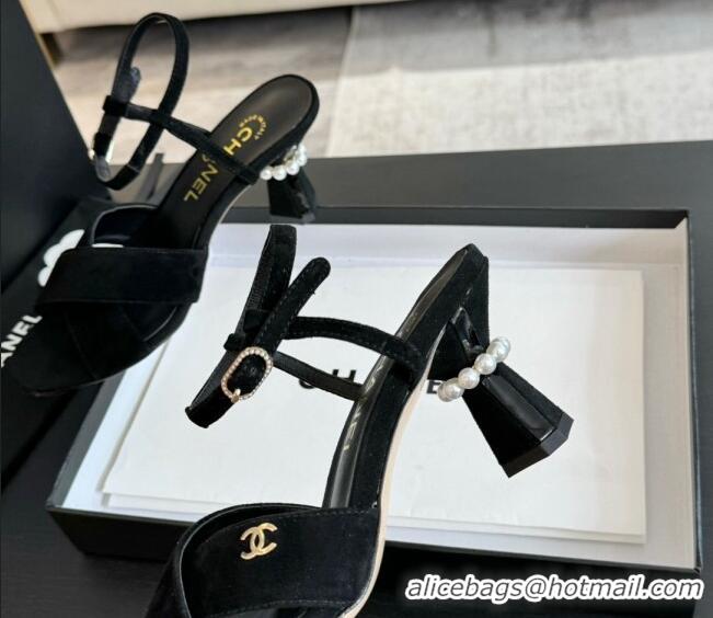 Luxurious Chanel Suede Heel Sandals 6.5cm with Pearls Black 601085