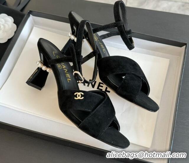 Luxurious Chanel Suede Heel Sandals 6.5cm with Pearls Black 601085