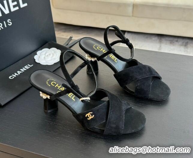 Luxurious Chanel Suede Heel Sandals 6.5cm with Pearls Black 601085