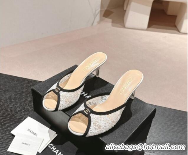 Popular Style Chanel Lace High Heel Slides Sandals 7cm White 601086