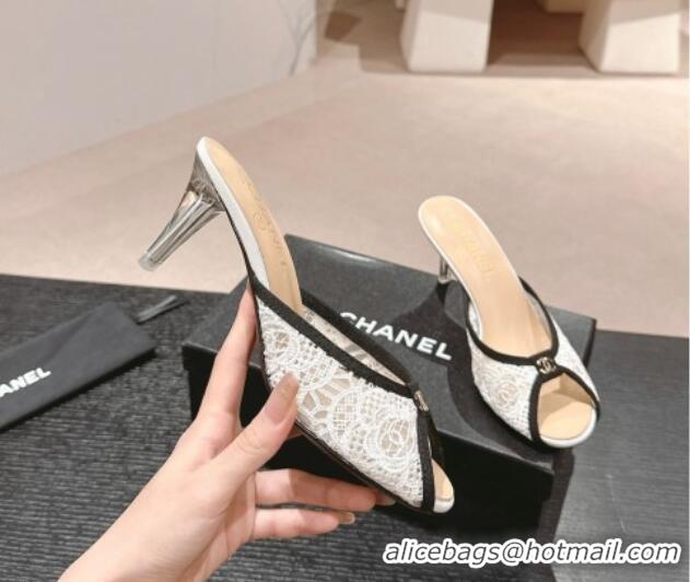 Popular Style Chanel Lace High Heel Slides Sandals 7cm White 601086