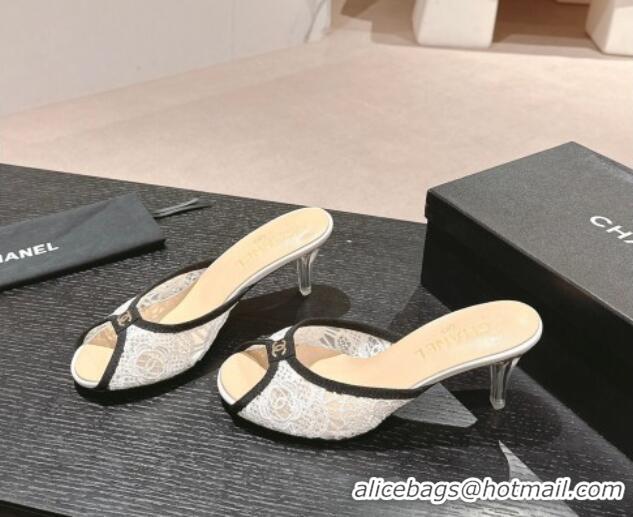 Popular Style Chanel Lace High Heel Slides Sandals 7cm White 601086