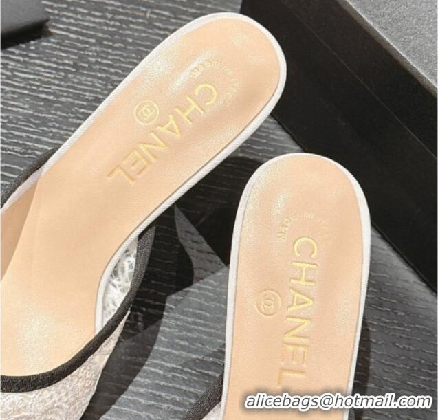 Popular Style Chanel Lace High Heel Slides Sandals 7cm White 601086