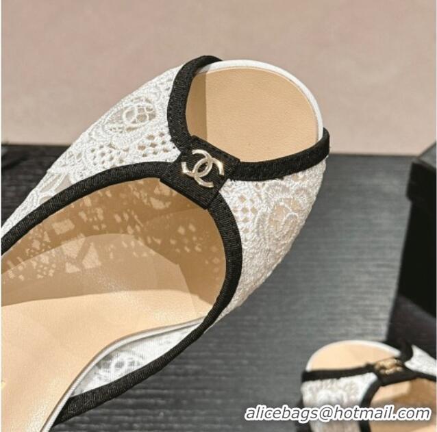 Popular Style Chanel Lace High Heel Slides Sandals 7cm White 601086