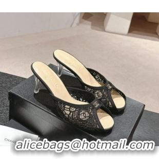 Most Popular Chanel Lace High Heel Slides Sandals 7cm Black 601087