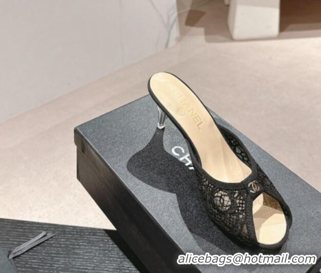 Most Popular Chanel Lace High Heel Slides Sandals 7cm Black 601087