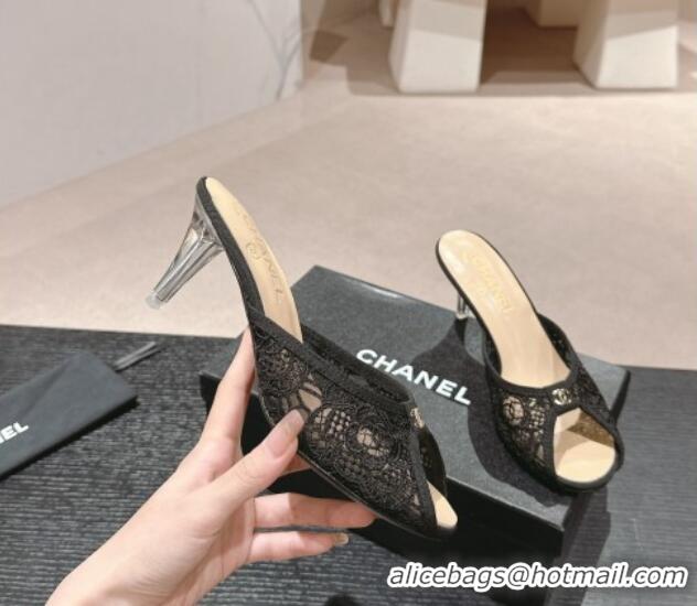 Most Popular Chanel Lace High Heel Slides Sandals 7cm Black 601087