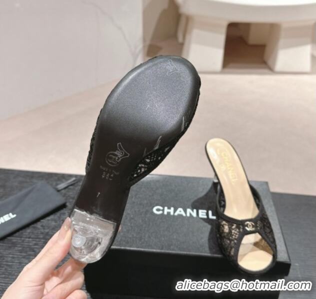 Most Popular Chanel Lace High Heel Slides Sandals 7cm Black 601087