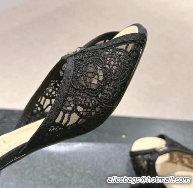 Most Popular Chanel Lace High Heel Slides Sandals 7cm Black 601087