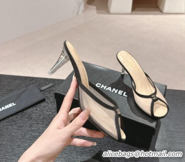 Good Looking Chanel Mesh and Fabric High Heel Slides Sandals 10cm White 601088