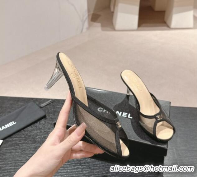 Charming Chanel Mesh and Fabric High Heel Slides Sandals 10cm Black 601089