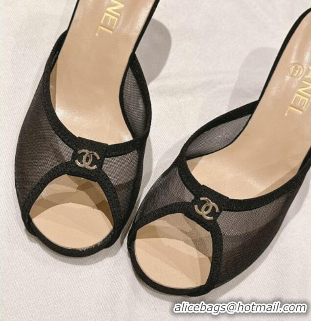 Charming Chanel Mesh and Fabric High Heel Slides Sandals 10cm Black 601089