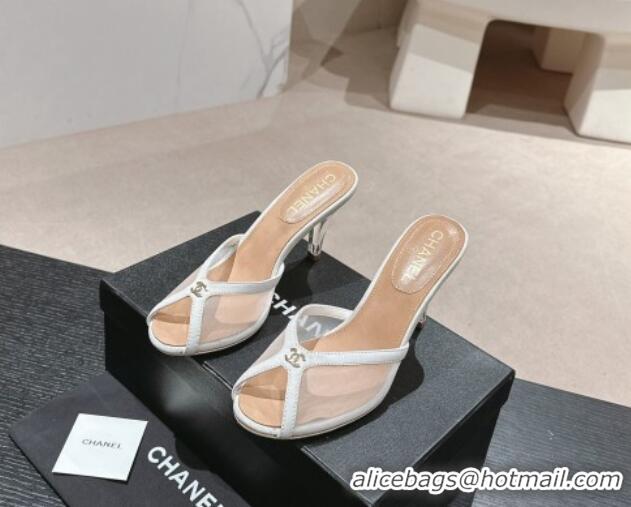 Low Price Chanel Mesh and Suede High Heel Slides Sandals 10cm White 01090