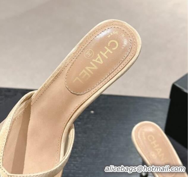 Top Grade Chanel Mesh and Suede High Heel Slides Sandals 10cm Beige 601092