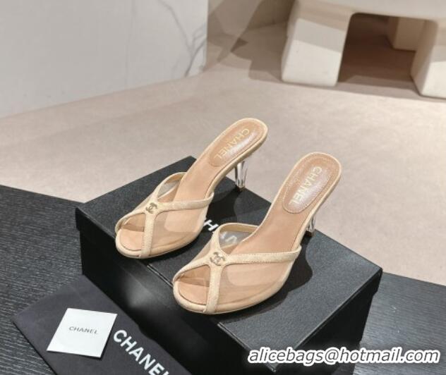 Top Grade Chanel Mesh and Suede High Heel Slides Sandals 10cm Beige 601092