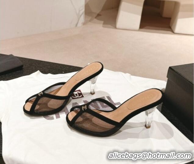 Good Quality Chanel Mesh and Suede High Heel Slides Sandals 10cm Black 601094