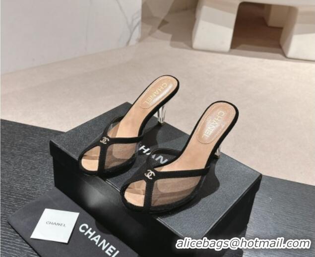 Good Quality Chanel Mesh and Suede High Heel Slides Sandals 10cm Black 601094