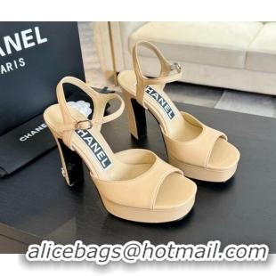 Lower Price Chanel Lambskin Platform Sandals 12cm Beige 601095