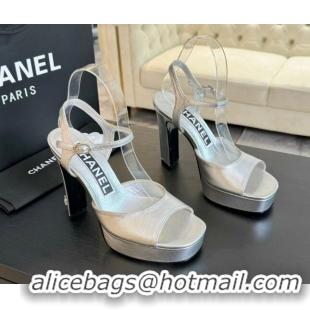 Charming Chanel Lambskin Platform Sandals 12cm Silver 601096